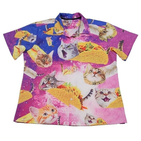 Other - Novelty Cat & Taco Print Short Sleeve Button-Down Shirt - Pink/Blue
